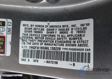 2006 Honda Civic Lx from USA, damaged, VIN 1HGFA16596L139228